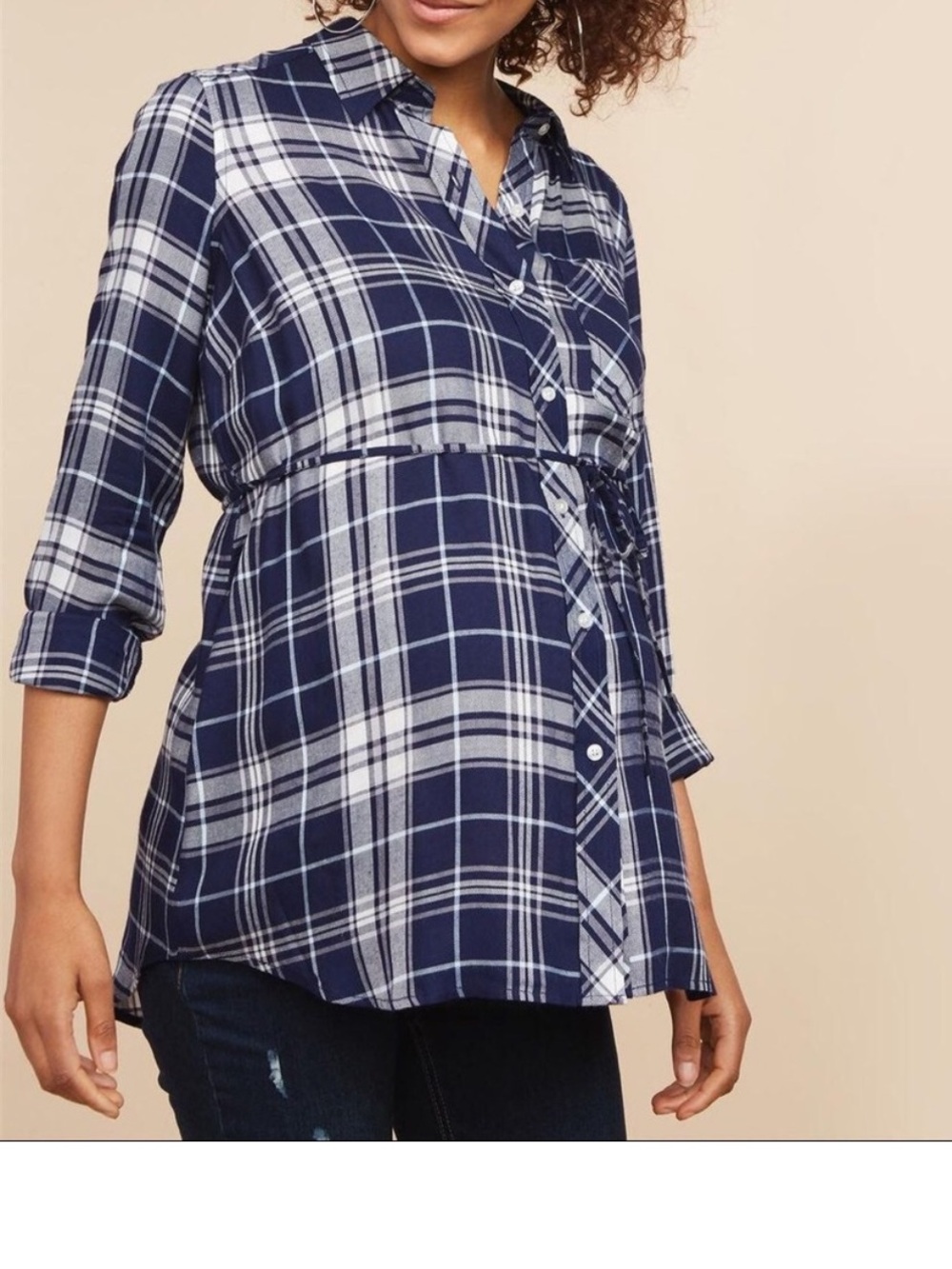 Motherhood Maternity Navy blue White Plaid Button-Front Maternity Tunic top S